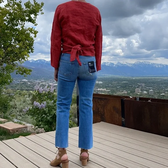 100% coral red linen wrap top. New with tags from Sundance. - Picture 3 of 5